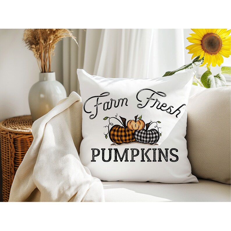 18x18 inch canvas pillow cover hidden zipper reads farm fresh pumpkins with 3 pumpkins on it two of them are buffalo plaid image is permanently embedded into the fibers of the fabric and will never come off machine wash tumble dry pillow cover only