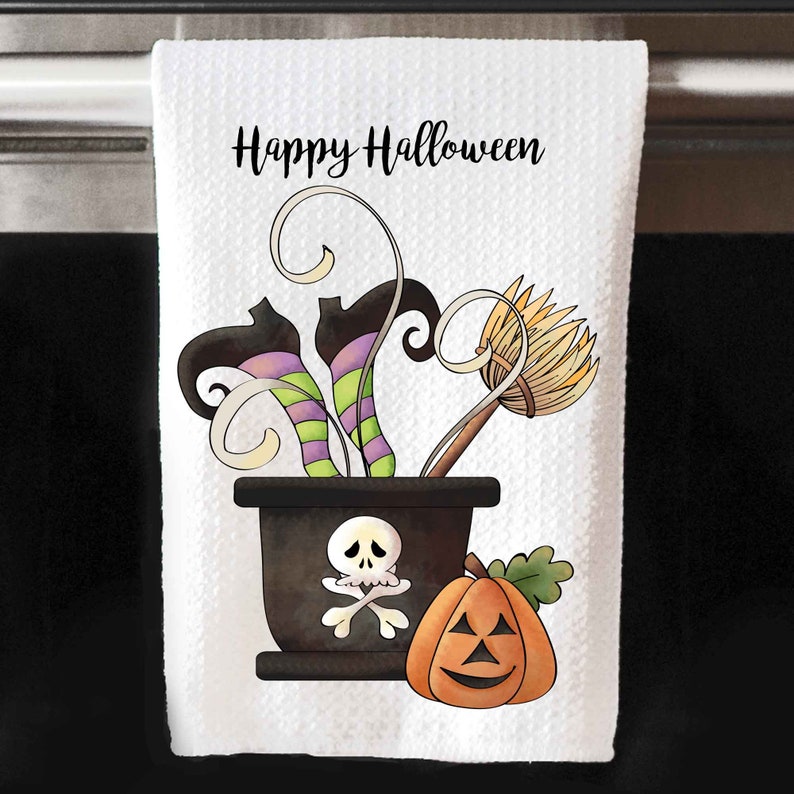 Personalized Halloween Witch Kitchen Towels, Halloween Decor, Witch Dish Cloth, Dish Towels image 1