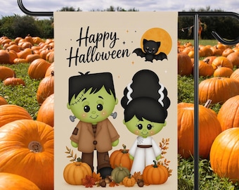 Halloween Garden Flag, Frankenstein & Bride Banner, Happy Halloween Yard Decor, Spooky Cute Halloween Outdoor Flag, Pumpkin Patch Flag