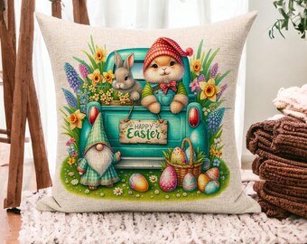 Easter Truck Pillow - Bunny and Gnome Spring Throw Pillow - Rustic Farmhouse Easter Decor - Happy Easter Accent Cushion