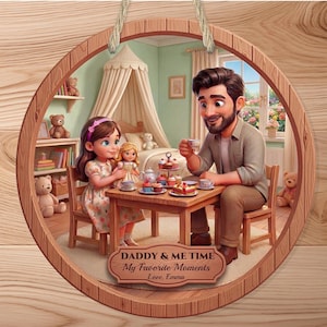 May include: A wooden, circular wall hanging featuring a heartwarming illustration of a father and daughter enjoying tea time. The scene is set within a room, with a table set with treats. Text reads "DADDY & ME TIME My Favorite Moments Love, Emma."