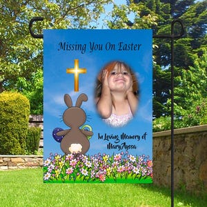 Personalized Easter Memorial Garden Flag - Happy Easter in Heaven Tribute - Custom Photo Remembrance Flag - In Loving Memory Gift