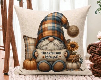 Thankful Gnome Pillow: Fall Farmhouse Decor with Sunflower & Pumpkins