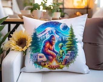 Alien Camping Pillow, Funny Sasquatch Decor, UFO Cabin Throw Pillow, Alien Camper Gift, Retro Space Adventure Cushion,