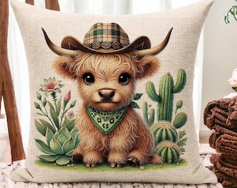 Highland Cow Pillow, Western Decor, Cowboy Highland Cow, Rustic Farmhouse Pillow, Cactus Home Deco, Cute Cow Throw Pillow, Highland Cow Gift