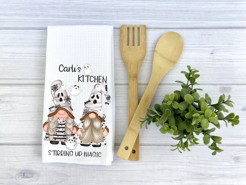 Personalized Halloween Gnome Ghost Kitchen Towels Custom Happy