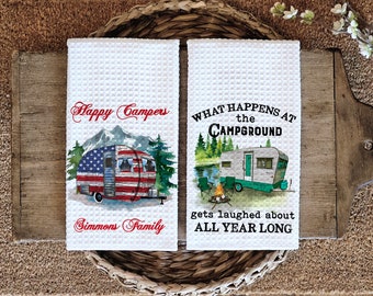 Camping Gift, Happy Camper Kitchen Towel, RV Decor, Trailer Camper Decor, Camping Gear, Camping Gifts