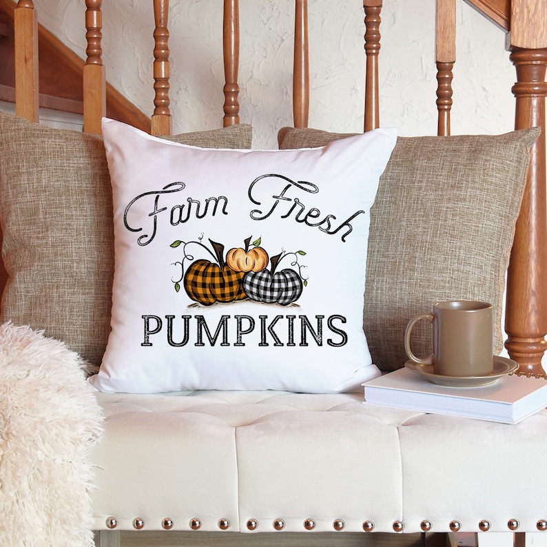 18x18 inch canvas pillow cover hidden zipper reads farm fresh pumpkins with 3 pumpkins on it two of them are buffalo plaid image is permanently embedded into the fibers of the fabric and will never come off machine wash tumble dry pillow cover only