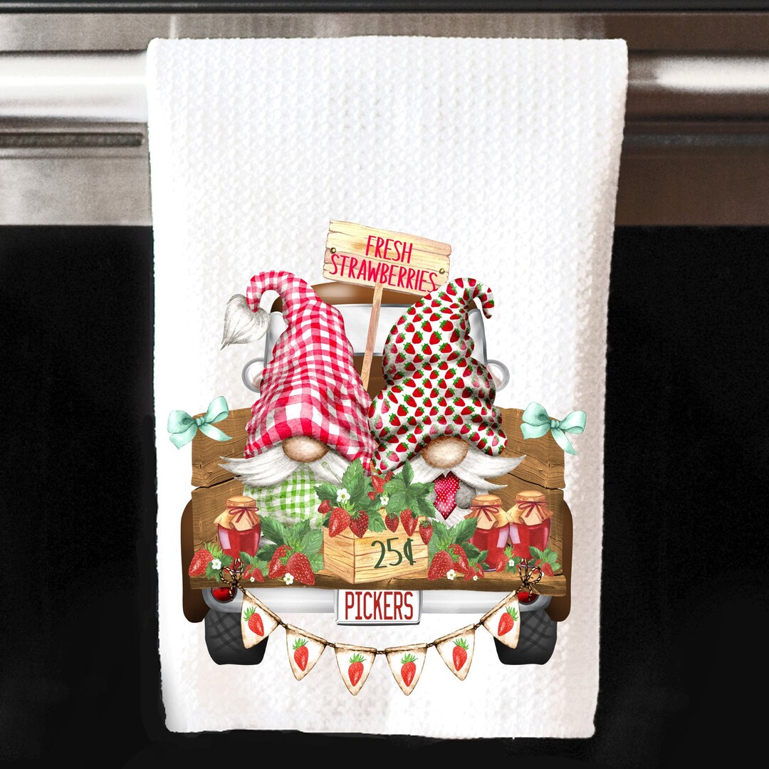 Strawberry Kitchen Towel, Strawberry Gnome Dish Cloth, Custom Kitchen