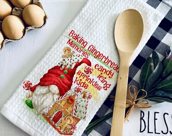 Personalized Christmas Gnome Kitchen Towel, Gingerbread House Dishcloth, Holiday Gnome Decor, Baking Holiday Gift, Christmas Kitchen,