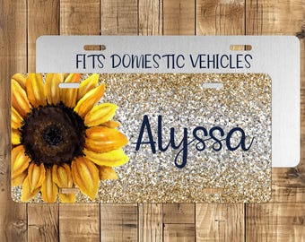 Personalized Sunflower License Plate: Ombre Glitter Car Tag
