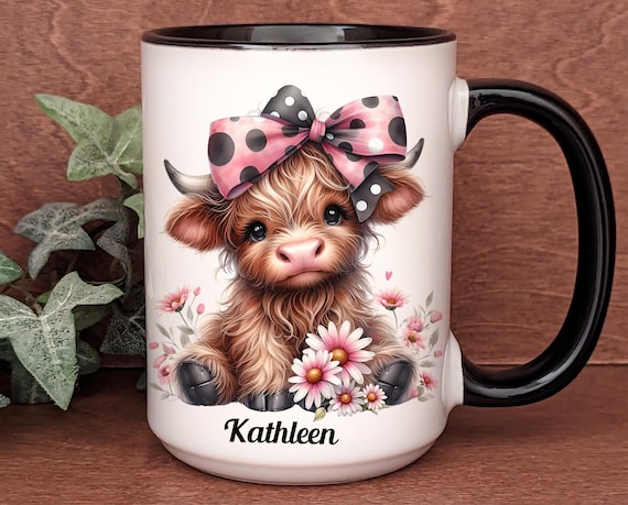 Personalized Highland Cow Mug - Cute Cow Coffee Cup, Custom Name Gift, Farmhouse Animal Lover, 15oz  Mug, Cowgirl Decor Rustic Country Decor