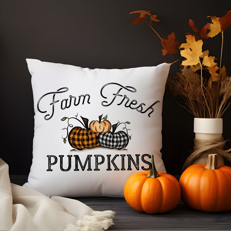 18x18 inch canvas pillow cover hidden zipper reads farm fresh pumpkins with 3 pumpkins on it two of them are buffalo plaid image is permanently embedded into the fibers of the fabric and will never come off machine wash tumble dry pillow cover only