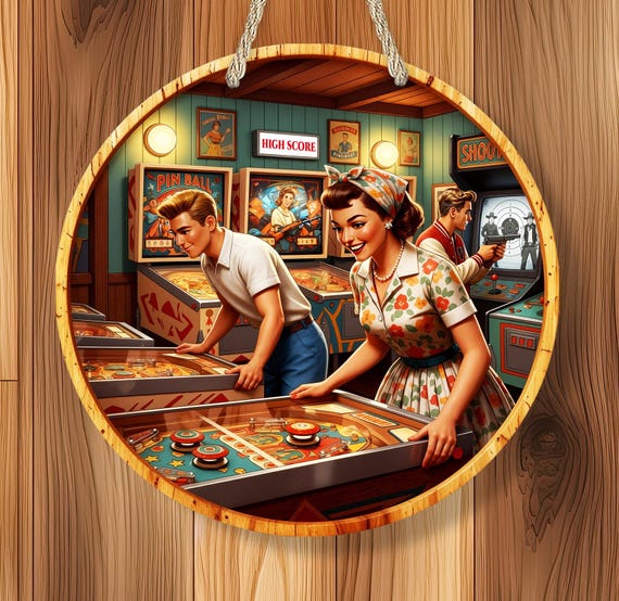 A vintage 1950s-style arcade/pinball sign with real retro character — the kind of wall piece that makes a game room feel like it has actual personality.