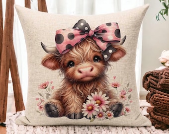 Highland Cow Pillow, Cute Cow Throw Pillow, Farmhouse Cushion with Pink Bow, Rustic Cow Decor, Gift for Cow Lover