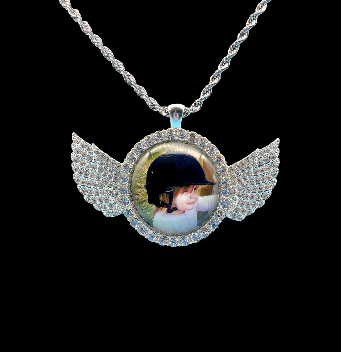 Angel Wing Photo Necklace, Wing Rhinestone Photo Necklace, Photo