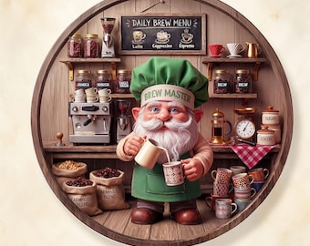 Gnome Coffee Sign, Coffee Bar Decor, Farmhouse Kitchen Wall Art, Coffee Lover Gift, Rustic Gnome Coffee Sign
