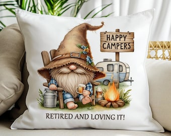 Gnome Camping Pillow Cover, Happy Campers Throw Pillow, Rustic Outdoor Camper Decor, Gift for Campers and Nature Lovers