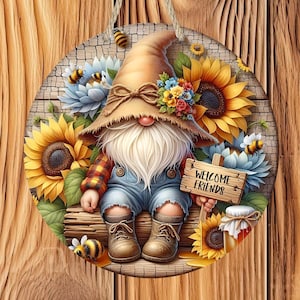 Sunflower Gnome Welcome Sign - Farmhouse Bee Decor, Personalized Rustic Door Hanger, Country Porch Decor,