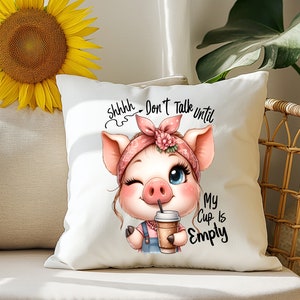 Adorable Pig Coffee Lover Pillow Cover, Cute Pig Cushion, Funny Farmhouse Decor, Perfect Gift for Coffee Enthusiasts