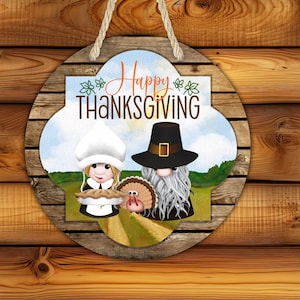 Rustic Thanksgiving Door Sign: Pilgrims, Turkey & Pie - 14&quot; Wall Decor