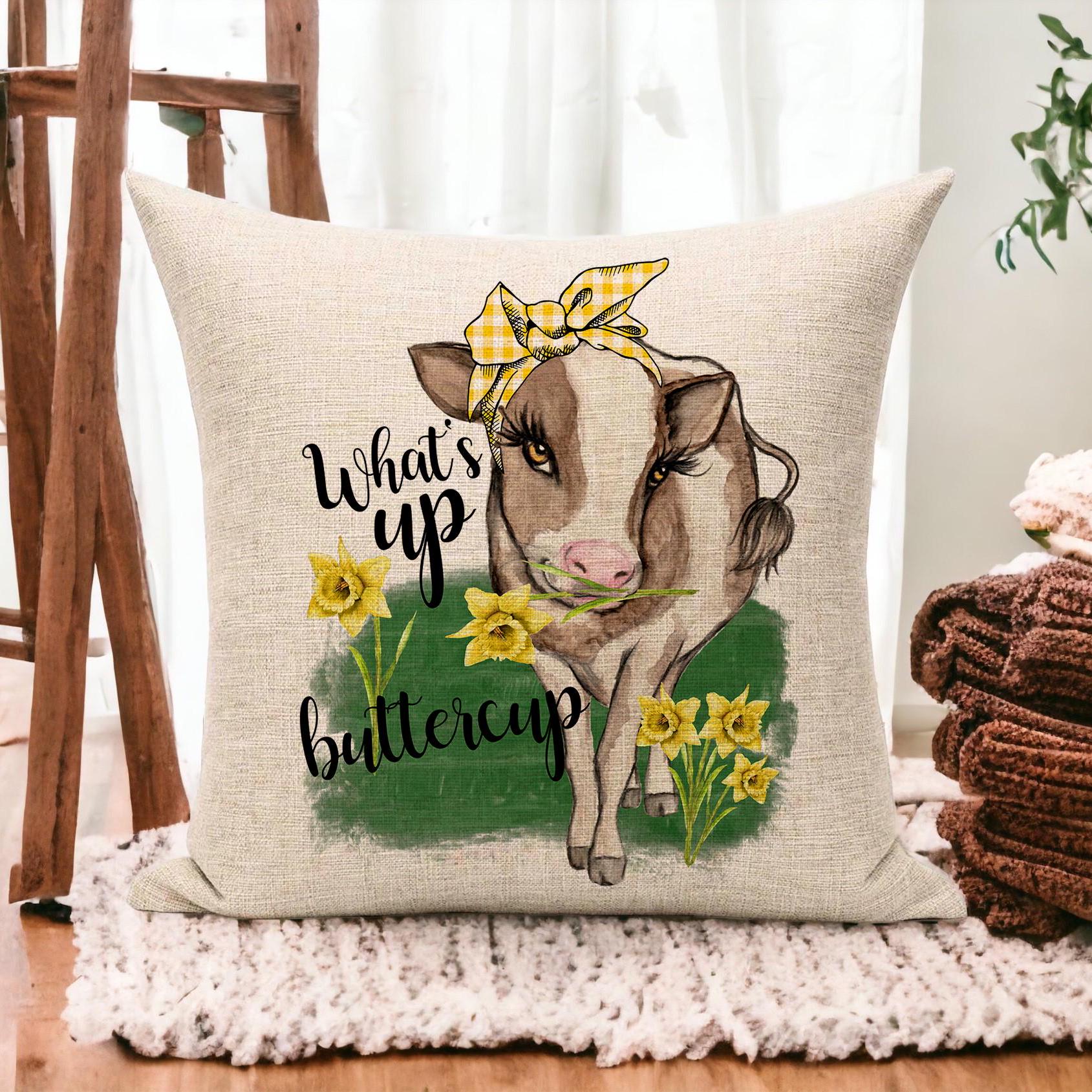 Funny Cow Pillow What's up Buttercup – Rustic Farmhouse Throw