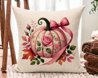 Decorative Throw Pillow with Pink Pumpkin and Rose Design - Autumn, Fall, and Thanksgiving Pillow Decor, Fall Gift,