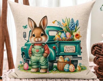 Personalized Easter Truck Pillow - Bunny and Truck Throw Pillow - Rustic Farmhouse Easter Decor - Happy Spring Accent Pillow