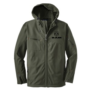May include: A green hooded jacket with a zipper closure and a black Ram logo on the chest. The jacket has two zippered pockets on the chest and two zippered pockets on the sides.