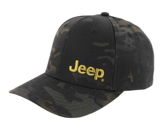 May include: A black and green camouflage baseball cap with a gold embroidered Jeep logo.