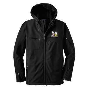 May include: Black hooded softshell jacket with a zipper closure and multiple pockets. The jacket features a logo with the text "SCAT PACK" and a stylized graphic. Red accents are visible on the pockets and zippers. The jacket has a hood and is designed for outdoor wear.