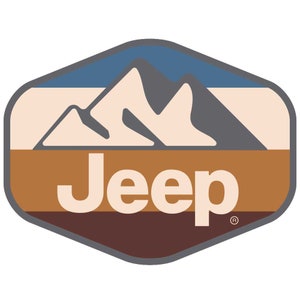 May include: A Jeep logo featuring a mountain range graphic in white, gray, and brown, set against a blue sky. The word "Jeep" is in white, bold lettering. The logo is in a hexagonal shape with a dark brown border.