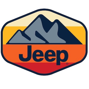 May include: A retro-style Jeep logo featuring a stylized mountain range in shades of blue and gray against a background of orange, yellow, and red stripes. The word "Jeep" is written in bold, navy blue letters.