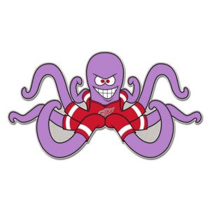 May include: A cartoon illustration of a purple octopus wearing a red and white hockey jersey with the Detroit Red Wings logo. The octopus has an angry expression with a wide grin and red eyes.