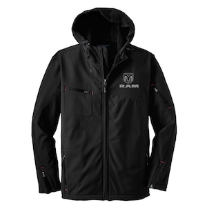 May include: Black hooded jacket with the RAM logo on the chest. The jacket features a full zipper, multiple pockets, and red accent stitching. The jacket has a hood and is designed for outdoor wear.