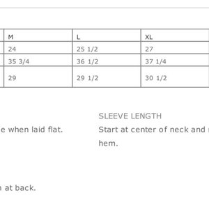 May include: A product measurement chart for apparel sizes XS through 4XL, detailing chest, sleeve length, and body length at back in inches. It includes instructions for measuring the chest, sleeve length, and body length at back for accuracy.