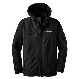 May include: Black softshell jacket with a red Dodge logo and red stitching. The jacket has a zipper closure, a hood, and multiple pockets.