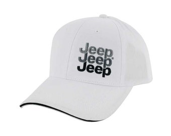 May include: White baseball cap with the word "Jeep" embroidered in gray and black stacked on the front. The cap has a curved brim with a black trim. The hat is made of a durable fabric.
