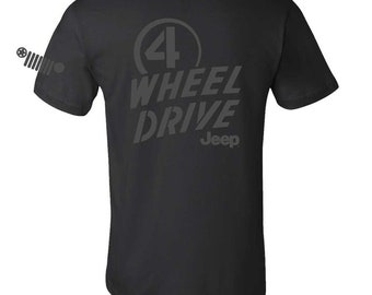 May include: Black t-shirt with a gray graphic of a circle with the number 4 inside and the text "4 WHEEL DRIVE" and "Jeep" below.