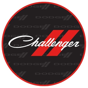 May include: A black and red circular logo with the word "Dodge" repeated in a pattern. The word "Challenger" is written in white cursive script with two red stripes behind it.