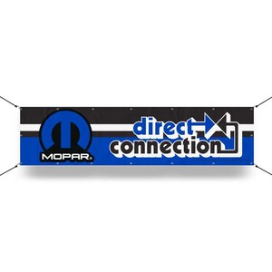May include: A blue and black banner with the Mopar logo and the text "direct connection" in white. The logo is a blue circle with a stylized M inside. The banner has white stripes and is designed for hanging.