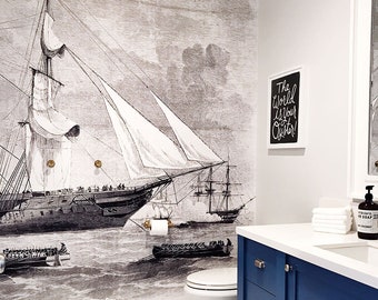 Ships Wallpaper - Black and White Mural | Vintage Wallpaper | Jillian Harris Bathroom Wallpaper