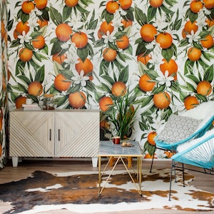 Blooming Citrus Wallpaper - Large Orange and Floral Mural | Boho Decor