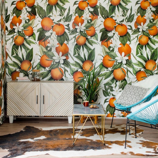 Blooming Citrus Wallpaper - Large Orange and Floral Mural | Boho Decor