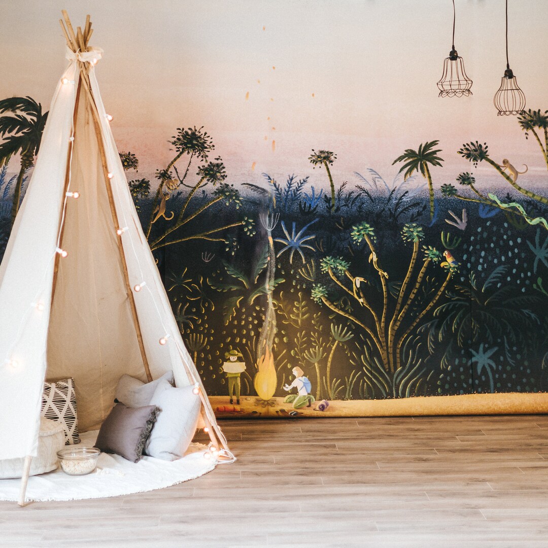 Little Explorers Mural Jungle Wallpaper Boy Nursery Wall Art Etsy