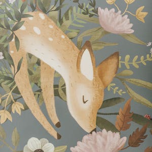 OH Deer Wallpaper Mural de escena de conejito oscuro / bosque / Papel pintado floral imagen 5