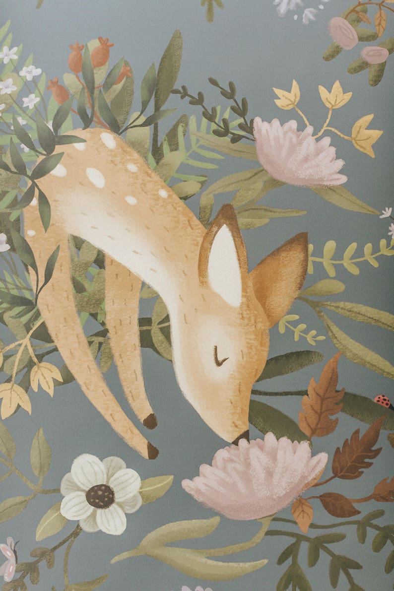 OH Deer Wallpaper Mural de escena de conejito oscuro / bosque / Papel pintado floral imagen 5