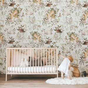 OH Hirsch Wallpaper - Hell | Waldhase Motiv Wandbild | Blumen Kinderzimmer Wallpaper