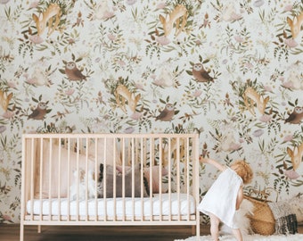 OH Deer Wallpaper - Light | Forest Bunny Scene Mural | Floral Nursery Wallpaper