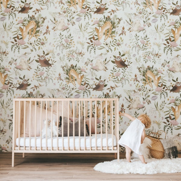 OH Deer Wallpaper - Light | Forest Bunny Scene Mural | Floral Nursery Wallpaper